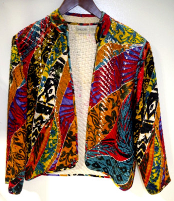 C16 Chico's Size 0 Woven 100% Silk Art to Wear Jacket Multicolor Abstract Blazer