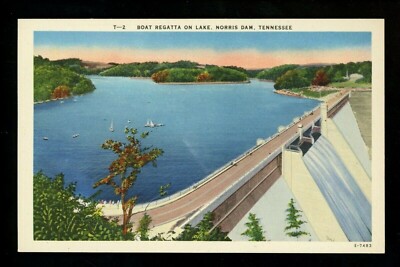 Dam postcard Tennessee TN Noris Dam & Lake Boat Regatta view linen