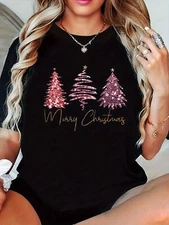 Breathable Short Sleeve Christmas Tree & Letter Print Graphic T Shirt, Women