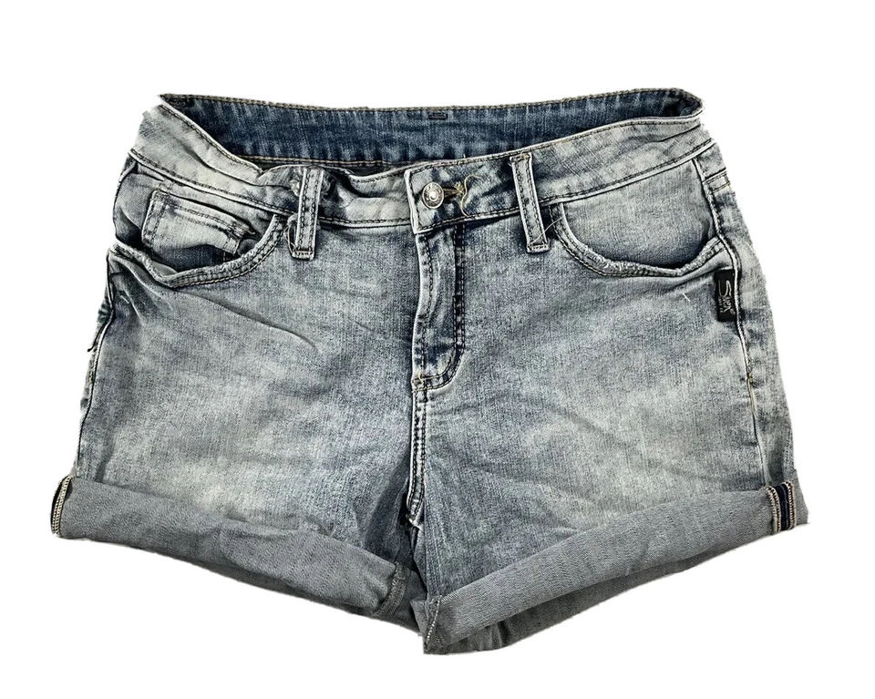 Pantalones cortos plateados Elyse tiro medio curvilíneos puños elásticos denim claro para mujer 26 Foto 2 de 4