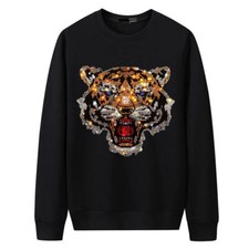 New Men Luxury Diamond Tiger Rhinestone Fashion Black White Hoodie High Quality