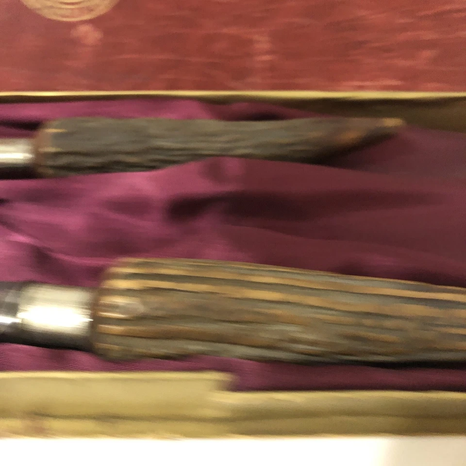 Servidores de peces antiguos Sheffield plateados con asas de asta en estuche original Foto 3 de 4