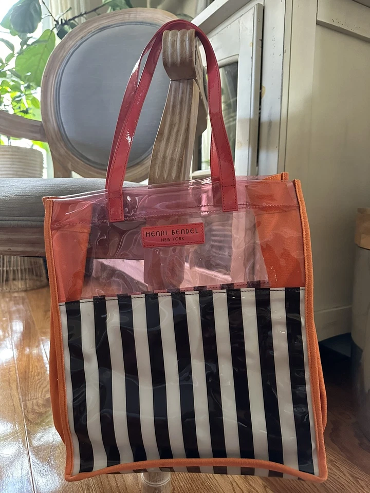 Bolso de Mano Henri Bendel Transparente PVC Plástico Rayas Rosa Naranja Tela Transparente Foto 4 de 4