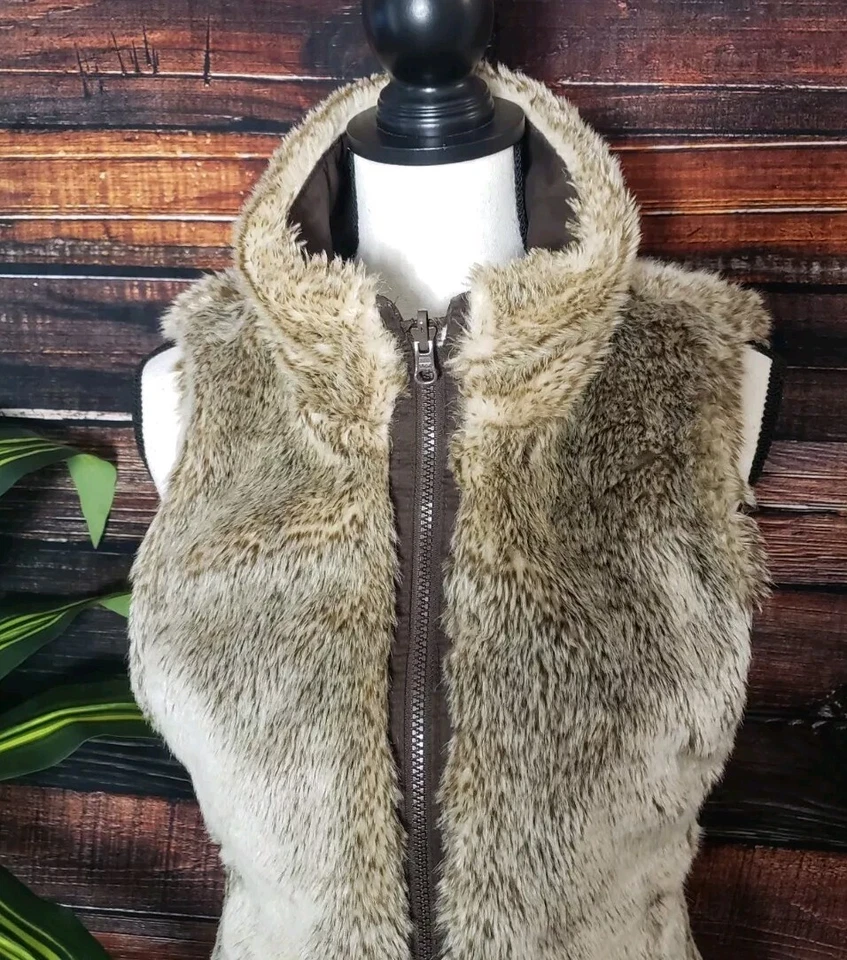 Chaleco reversible GAP talla XS piel sintética bolsillos con cremallera completa marrón tostado para mujer Foto 3 de 4