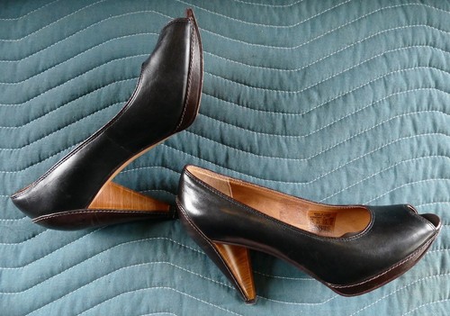 FOSSIL All-Leather Black Open Peep Toe Wrapped Heel Pumps Shoes Platform 7.5