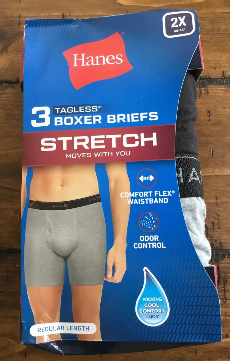 Hanes Tagless Boxer Briefs Stretch Cotton Blend 3 Pair Black Grey