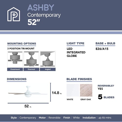 Prominence Home Ashby Ceiling Fan with Dimmable Integrated LED Light in White - Picture 4 of 11
