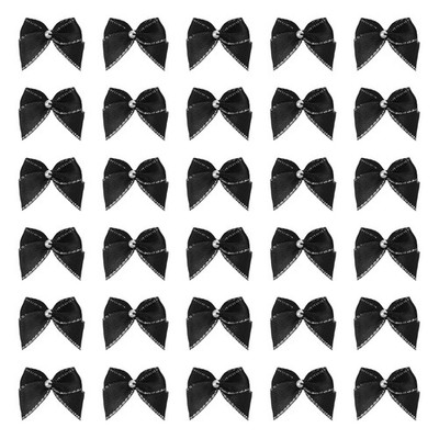50 Pcs Mini Black Silver Tone Ribbon Bows with Pearl 1'' Ribbon Flowers Appliques