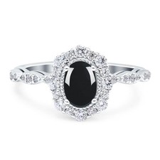 Floral Oval Natural Black Onyx Halo Wedding Engagement Ring 925 Sterling Silver