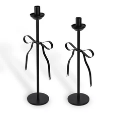 Taper Candlestick Holders Black Set of 2 Bow Metal Modern Candle Stands