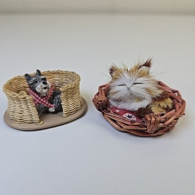 Miniature Cat Kitten in Wicker Basket Real Fur & Chalkware Scottish Terrier