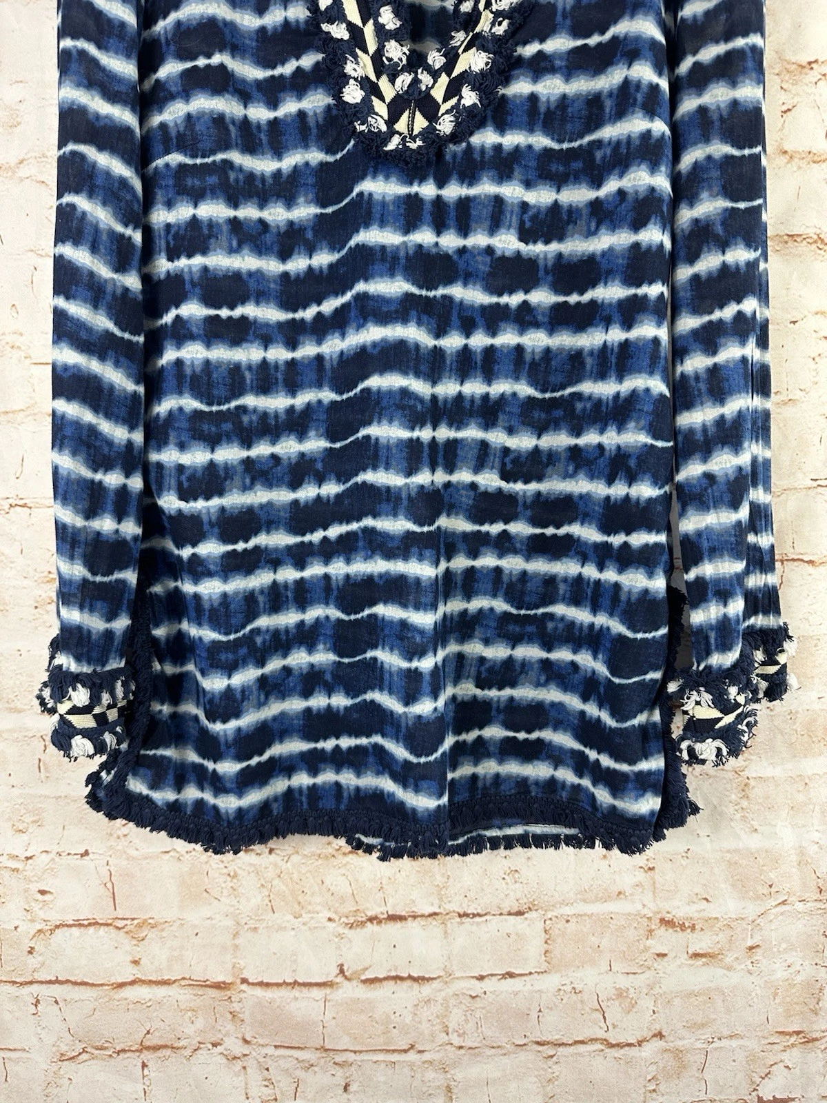 Tunica Tory Burch impreziosita da cravatta tinta a righe in voile di cotone blu e bianco taglia 8