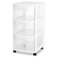 Sterilite 3 Drawer Cart, Clear Plastic Storage Drawers, Wheels Included, White