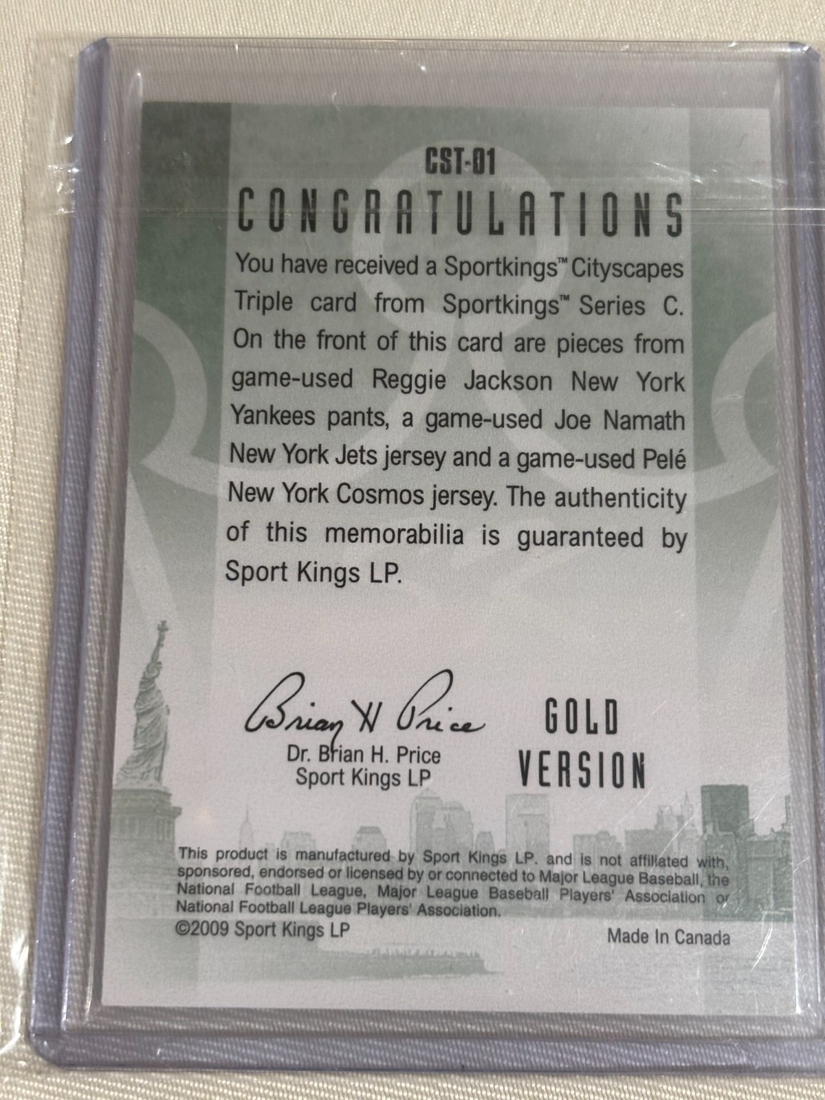 1/1 2009 Sport Kings Gold Vault Reggie Jackson Joe Namath Pele Jersey Cityscapes view 4