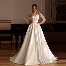 Elegant A-Line Wedding Dresses High Neck Full Sleeves Satin Applique Bridal Gown