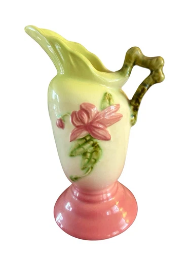 Vintage Hull Pottery Green Pink Glazed Hand Painted Pitcher Creamer Ewer Vase