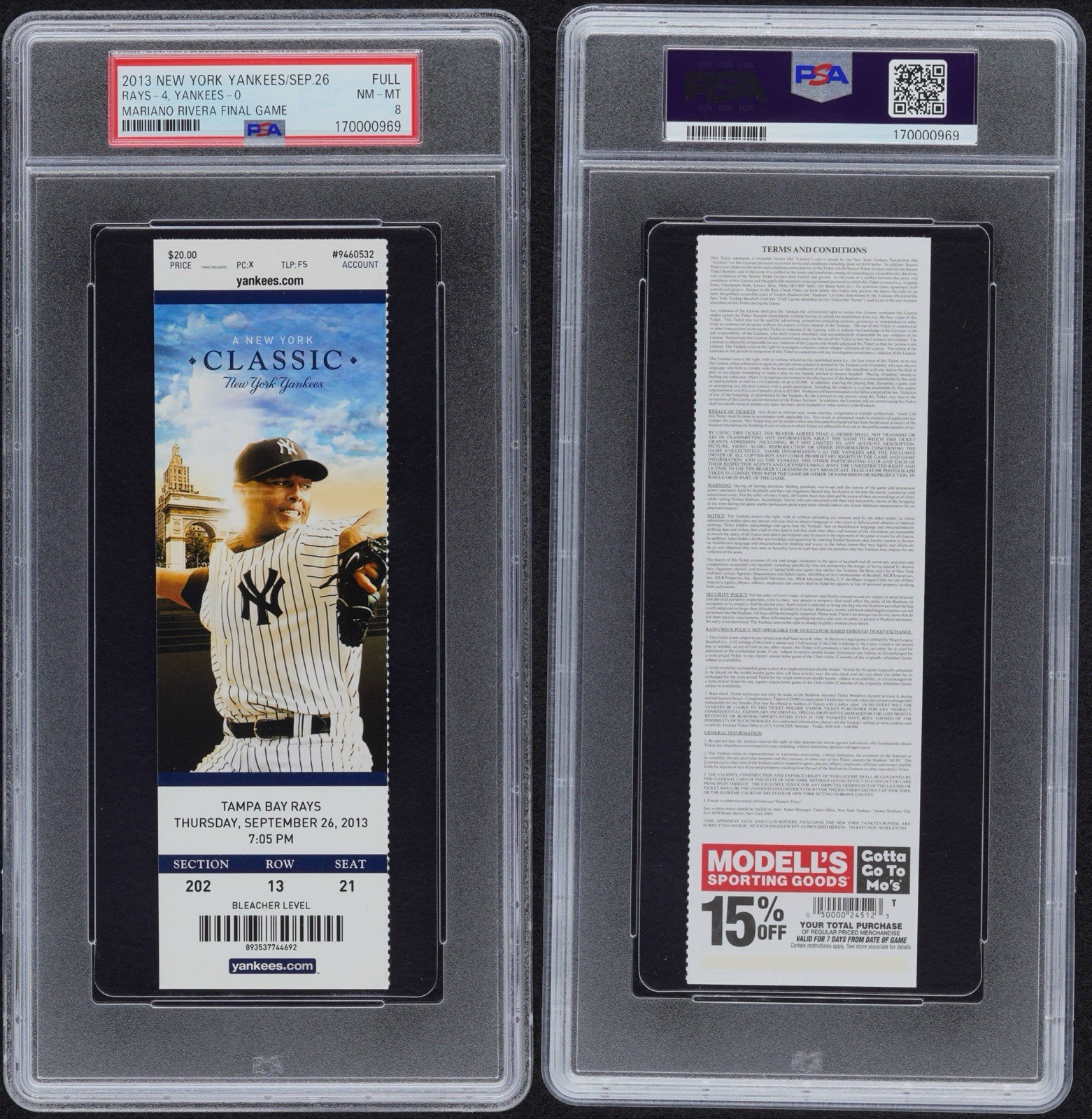 PSA 8 Mariano Rivera Final Game Yankees Ticket 9-26-13 RARE Rivera On Ticket view 3