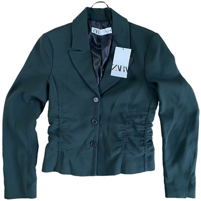 ZARA S Small Women Notch Lapel Ruched Wool Blend Single Breasted Blazer Green