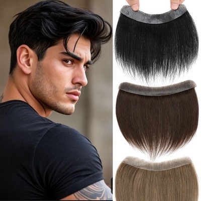 Forehead Hairline Mens Toupee 100% Human Hair Replacement System Front Piece Wig