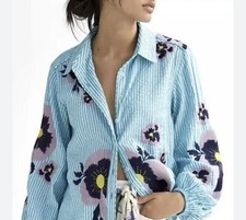 Anthropologie Maeve Embroidrered Button Down Blouse Striped Balloon Sleeve Boho