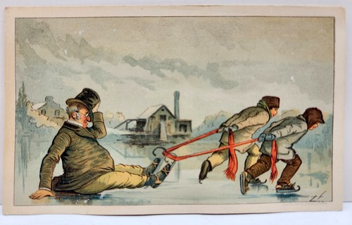 R&J Gilchrist Dry Goods 1883 Calendar Trade Card - Children Towing man on Pond