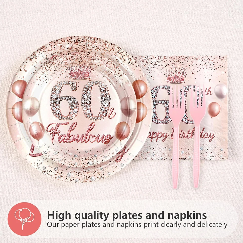 96 Pcs 60Th Birthday Party Supplies for Women Rose Gold 60 Years Old Paper Plate - Image 4 of 4