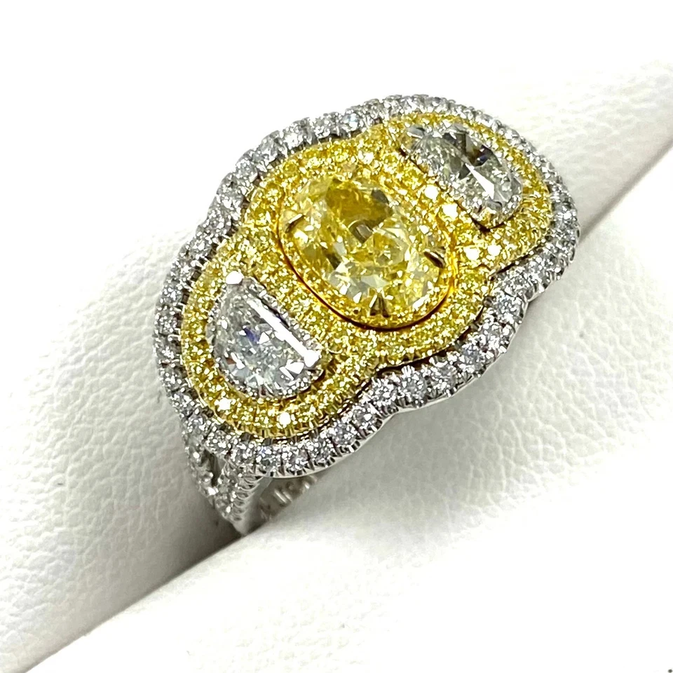 Oval Lab Grown Fancy Vivid Yellow Diamond Engagement Ring 14k Multi Tone Gold - Image 2 of 4