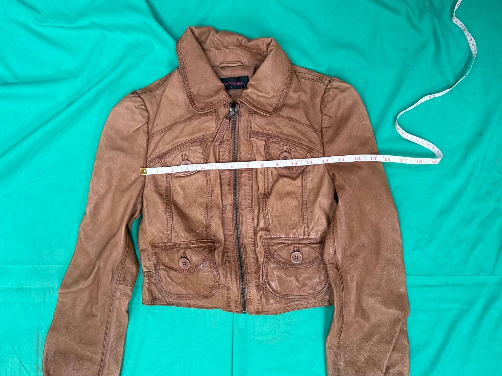 Miss Selfridge Tan Leather Jacket Size 6 Women’s Cropped Fitted Biker Style image 7