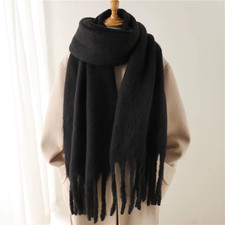2-Piece Set: Chunky Knit Scarf Duo Black  Brown Fuzzy Fringed Wraps for Winter