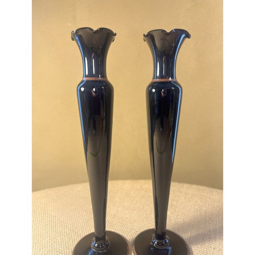 (2) Vintage Tiffin Glass Ebony Black Glass Floral Decorated Bud Vases 10" - Picture 12 of 12