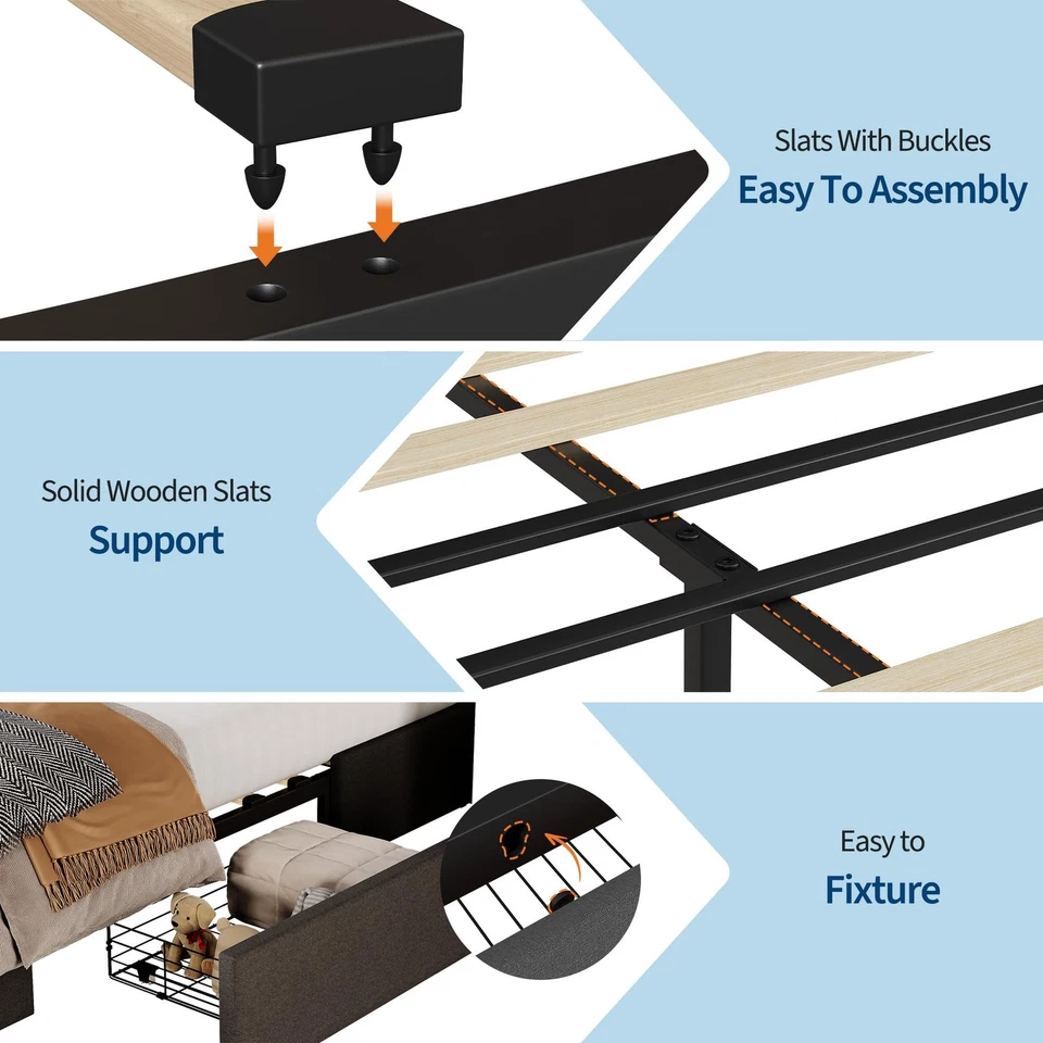 Queen Storage Bed Frame w/ 3 Storage Drawers Upholstered Platform Bed Grey - Image 3 of 4