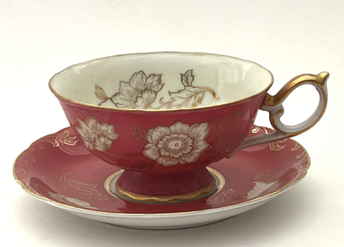 Taza y platillo vintage de porcelana de hueso CDGC hecho en Japón rosa polvoriento y dorado - Imagen 2 de 15