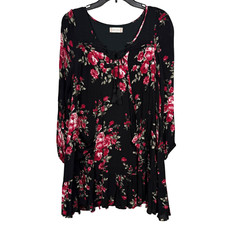 Altar'd State Mini Dress Medium Red Black Floral Tasseled Boho Crinkle Pockets