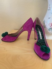 MARC JACOBS Velvet Purple Green Pompom Open Peep Toe Heels Shoes Size 37.5 Italy