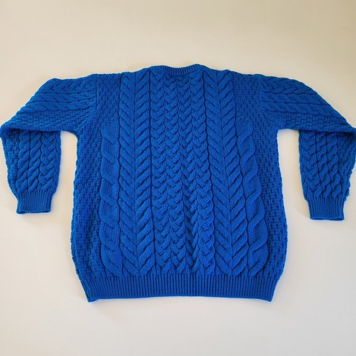 Vintage Aran Cable Chunky Knit Merino Wool Sweater Royal Primary Blue Size Large - Picture 2 of 6