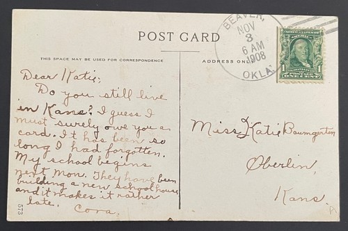 Beaver, Oklahoma Post Card - mailed Nov 3, 1908 to Oberlin, Kansas - OK