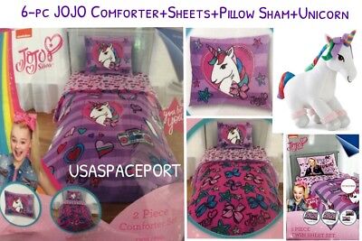 6pc JOJO Siwa COMFORTER+Pillow SHAM+SHEETS +UNICORN SET ...