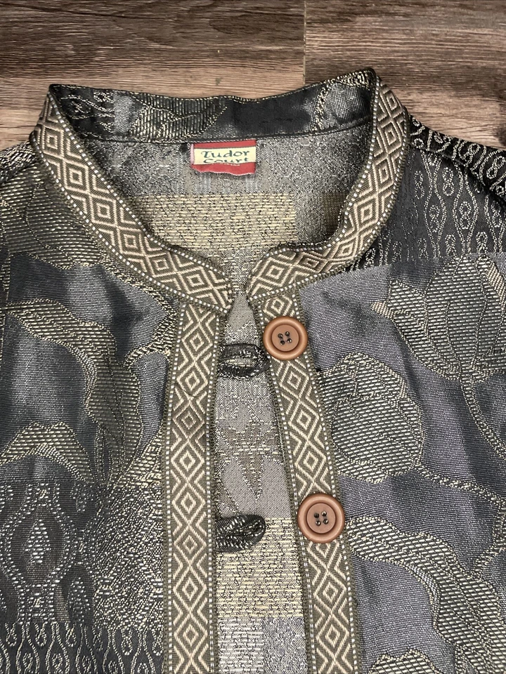 Chaqueta de tapiz Art to Wear XL marrón dorado retazos florales Tudor Court de Haband Foto 4 de 4