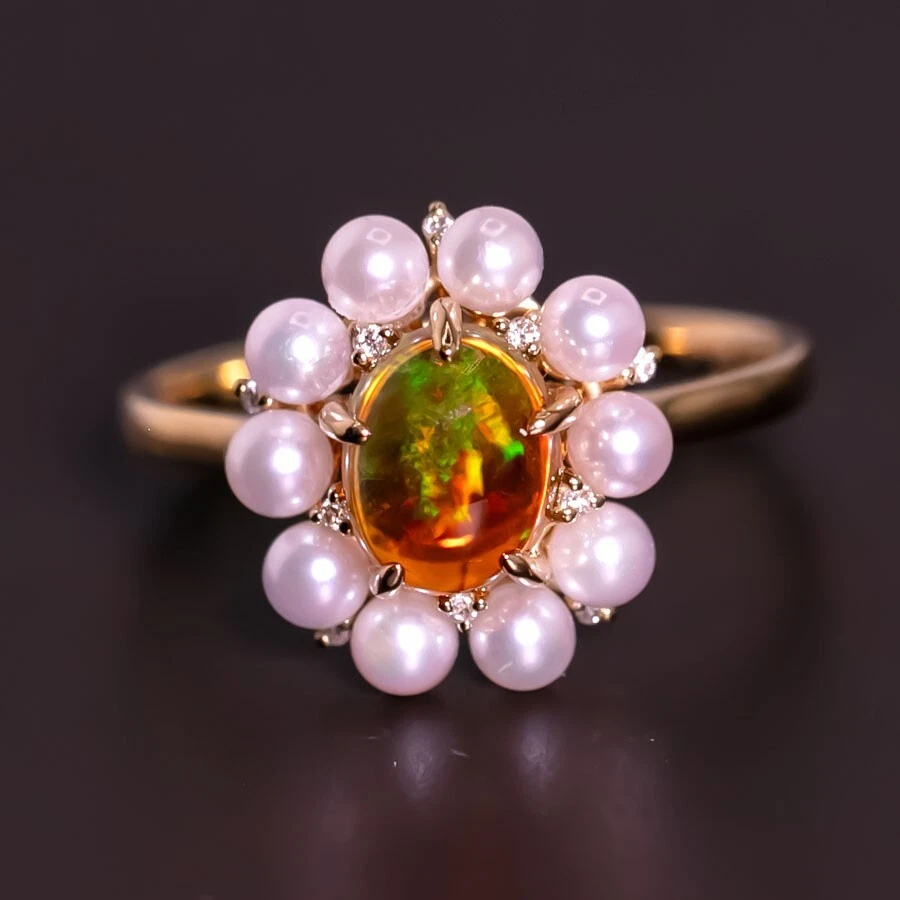 Impresionante Anillo de Compromiso Mexicano Ópalo de Fuego, Perla y Diamantes Oro Amarillo 18K Foto 2 de 4
