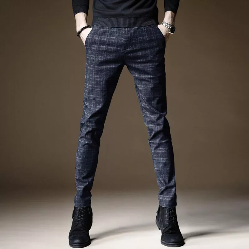 Plaid Pants Men Business Dress Trousers Male Stretch Black Work