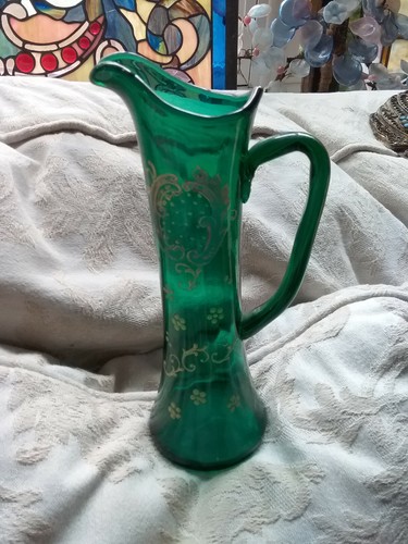 MOSER? JARRA DE VIDRIO SOPLADO Y PINTADA A MANO VERDE ESMERALDA BOHEMIA ORO DORADO - Imagen 6 de 7