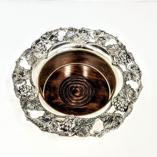 Sottobicchiere bottiglia vino champagne vintage foglia d'uva bordato tondo placcato argento 7,5" - Foto 2 di 8