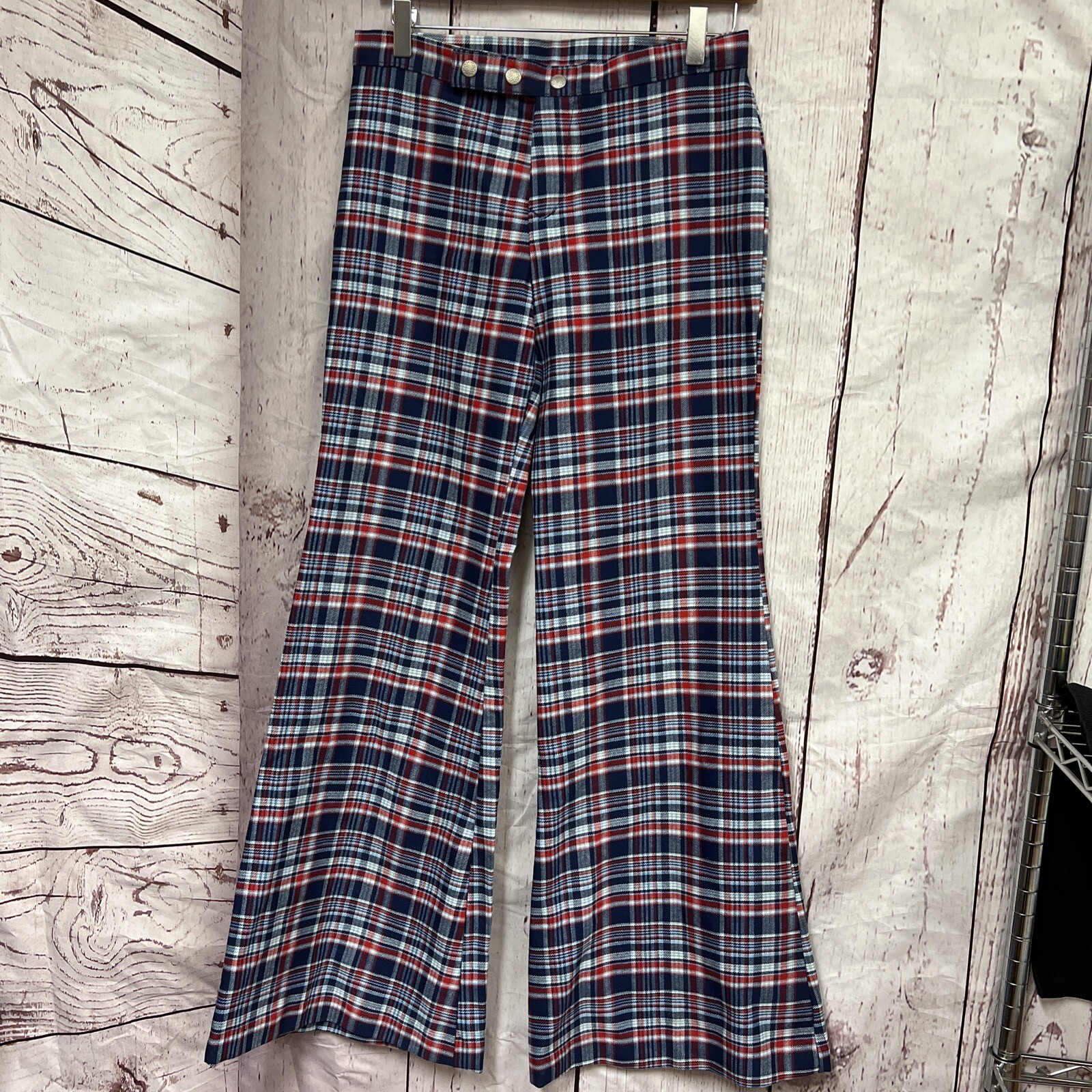 Vintage 70s Plaid Bell-Bottom Disco Pants Blue Re… - image 1