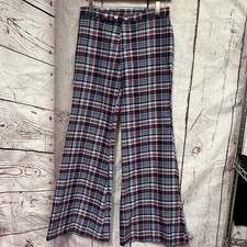 Vintage 70s Plaid Bell-Bottom Disco Pants Blue Red White Unbranded Triple Button