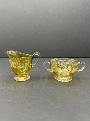 Fostoria Depression Glass Topaz Yellow Creamer Sugar Floral Pattern 1930's