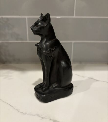 Vintage handgeschnitzte ägyptische KATZE Göttin Bastet Skulptur Jet Stein 5 5/8 Zoll - Bild 2 von 3
