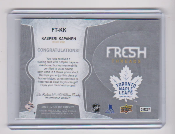 2016 2016-17 UPPER DECK ICE KASPERI KAPANEN FRESH THREADS ROOKIE JERSEY LEAFS - Image 2 of 2