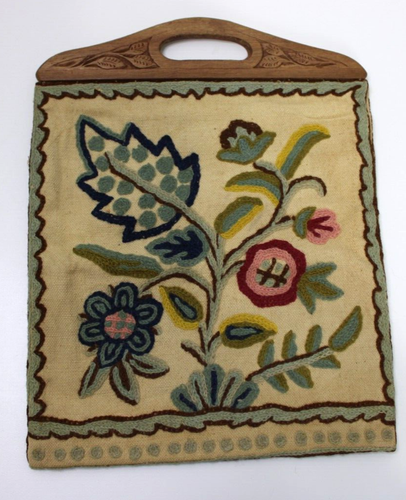 Vintage CREWEL Bag EMBROIDERED Handmade Purse Carved Wood Handle Tote Purse - Picture 5 of 12