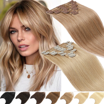 Balayage/Ombre Brown Clip In 100% Real Remy Human Hair Extensions Full Head 8PCS
