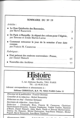 HISTOIRE & GÉNÉALOGIE N° 19/1988 =Bésignan à la Révolution-Départ pour l'Algérie - Picture 2 of 3